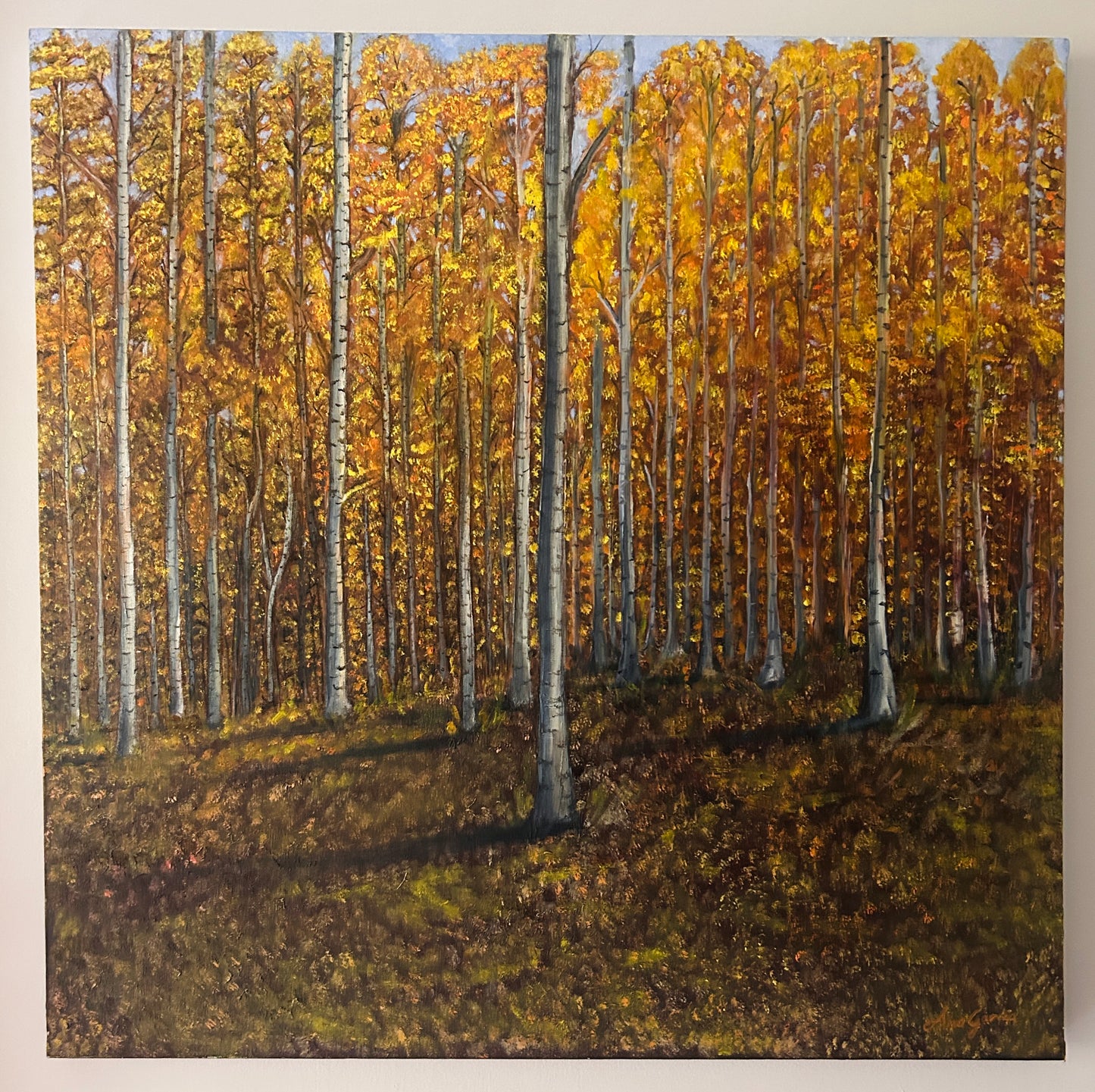 "Large Original Oil Painting on Canvas, Golden Autumn Forest Landscape, 36x36 Square Wall Art, Modern Nature Decor for Living Room"