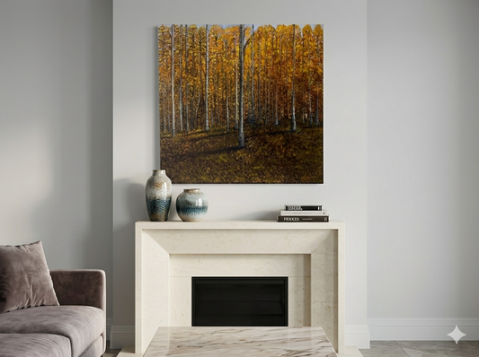"Large Original Oil Painting on Canvas, Golden Autumn Forest Landscape, 36x36 Square Wall Art, Modern Nature Decor for Living Room"