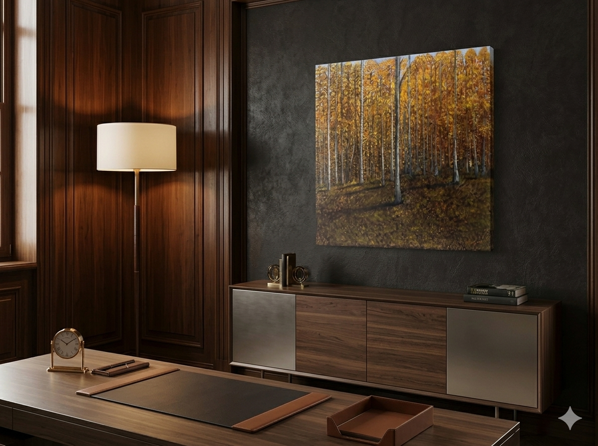 "Large Original Oil Painting on Canvas, Golden Autumn Forest Landscape, 36x36 Square Wall Art, Modern Nature Decor for Living Room"