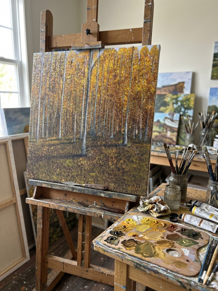 "Large Original Oil Painting on Canvas, Golden Autumn Forest Landscape, 36x36 Square Wall Art, Modern Nature Decor for Living Room"