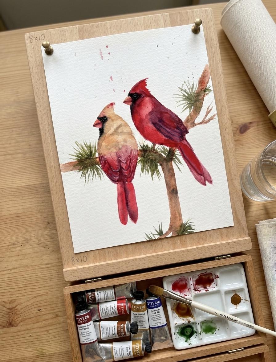Original Watercolor Painting - Cardinal Couple on Pine Branch.