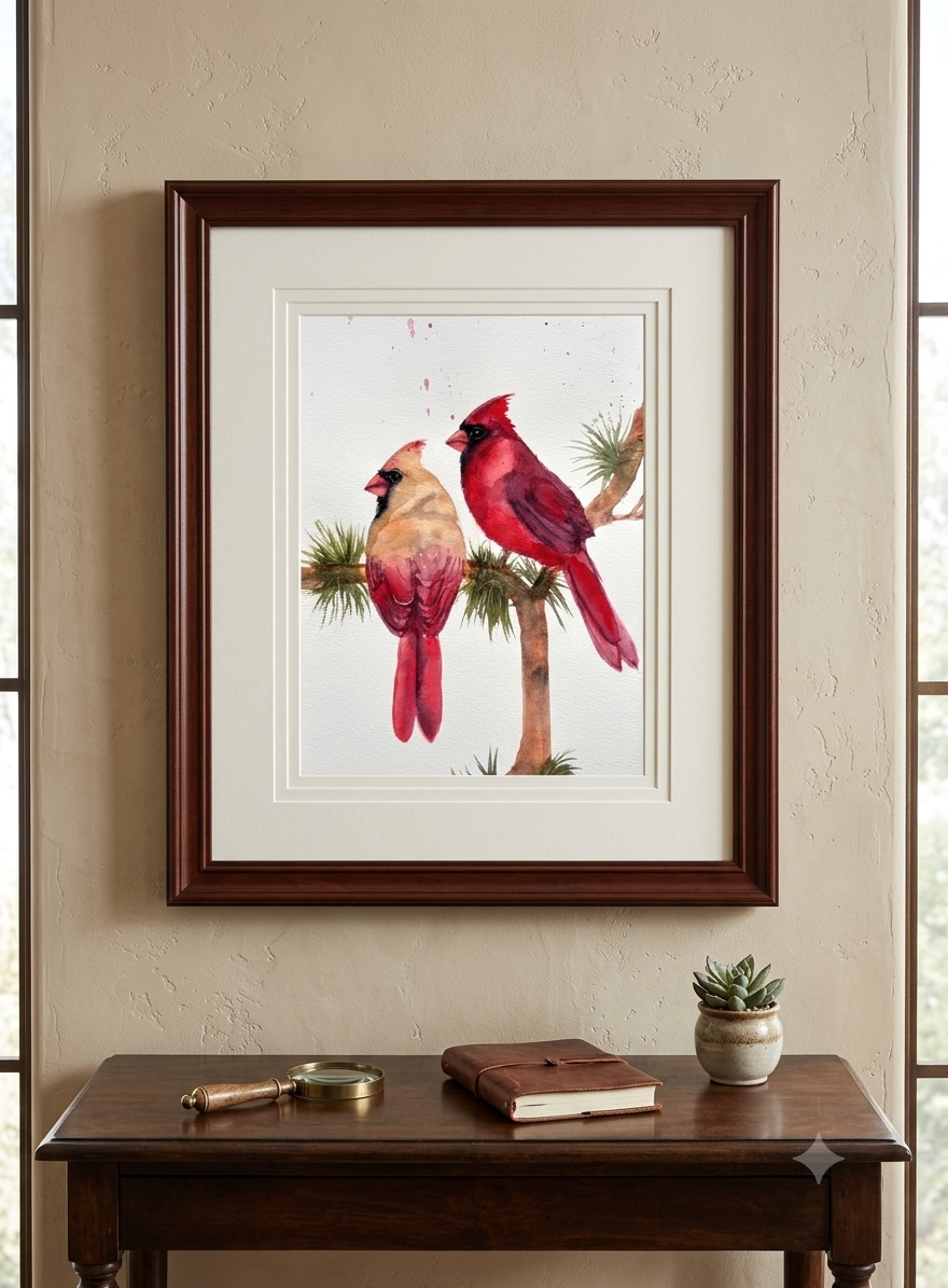 Original Watercolor Painting - Cardinal Couple on Pine Branch.