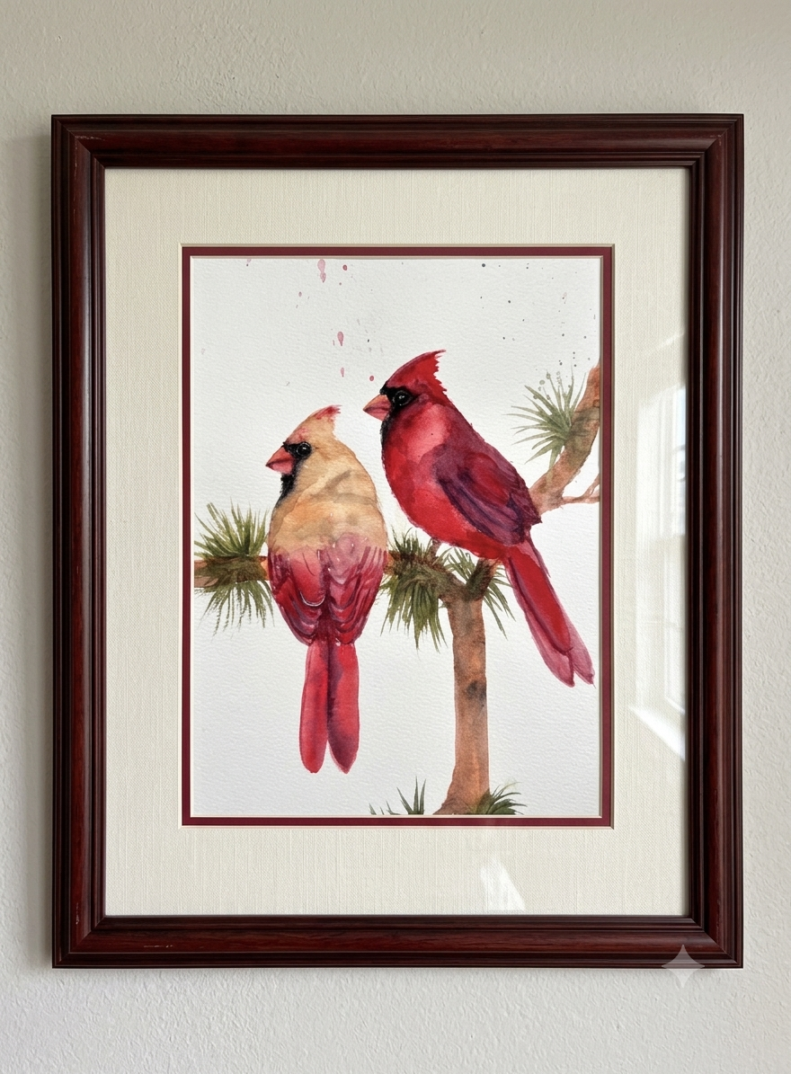 Original Watercolor Painting - Cardinal Couple on Pine Branch.