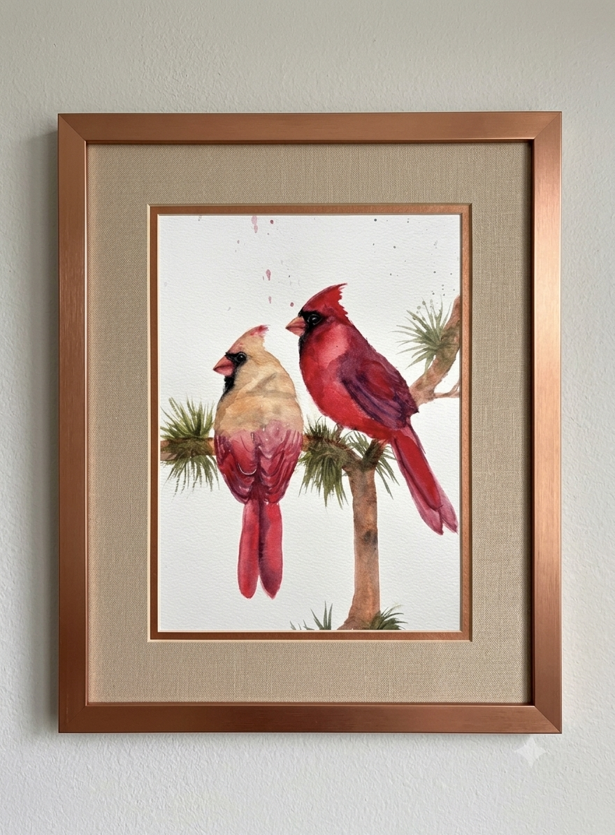 Original Watercolor Painting - Cardinal Couple on Pine Branch.