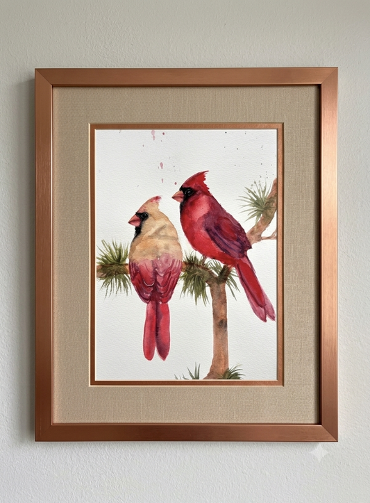 Original Watercolor Painting - Cardinal Couple on Pine Branch.